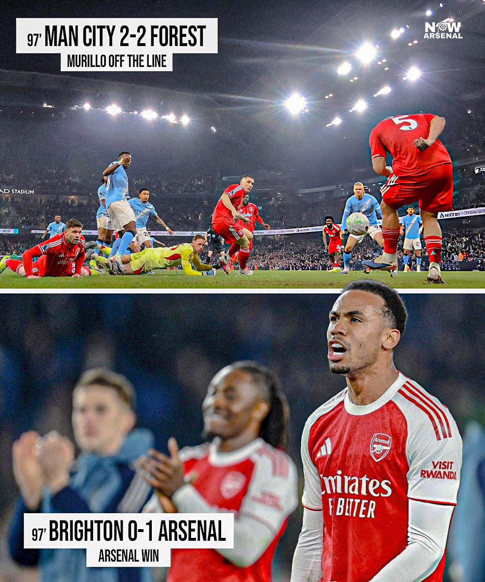 now_arsenaI's tweet image. With the Arsenal win secured, Nottingham Forest defender Murillo cleared the ball off the line with 20 seconds to play at the Etihad.

Murillo, you’re invited to the parade!😂