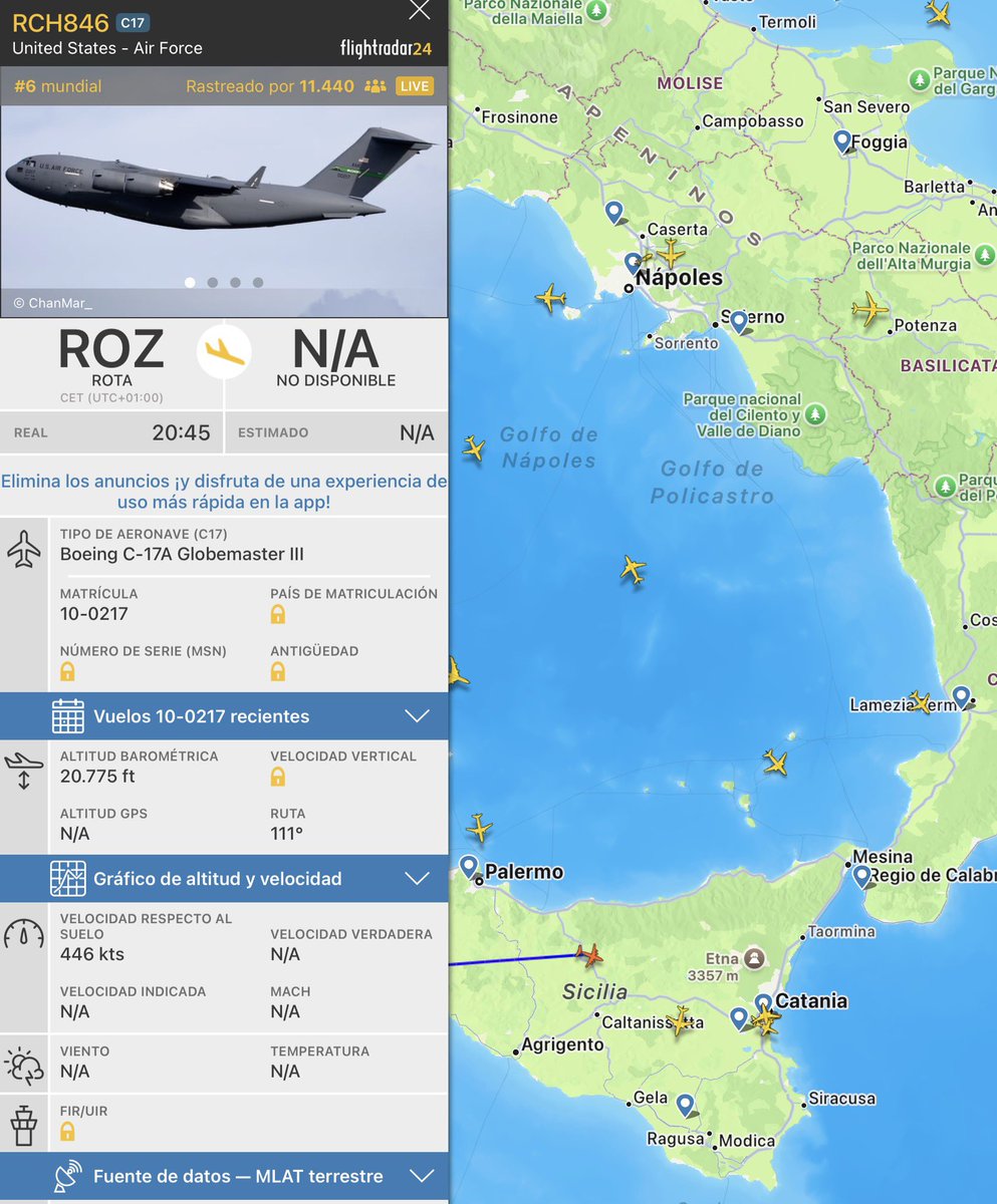 El C-17 que ha partido de Rota reduciendo altura y velocidad. Muy posiblemente va a Sigonella