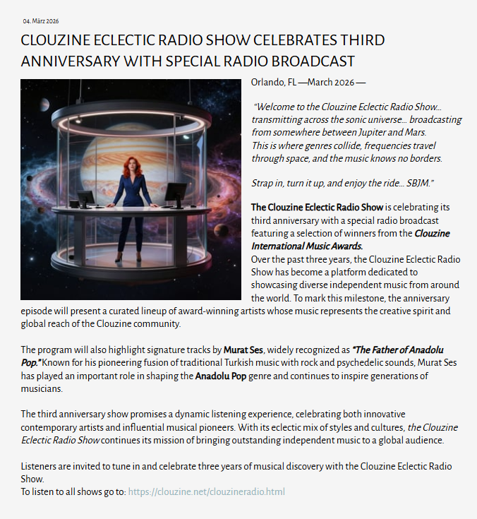 clouzine's tweet photo. The Clouzine Eclectic Radio Show celebrates its third anniversary with a special radio broadcast featuring selected winners of the Clouzine International Music Awards along with signature tracks by Murat Ses known as “The Father of Anadolu Pop.” https://t.co/fJNeQXcGlS https://t.co/WwcS6QFhVd