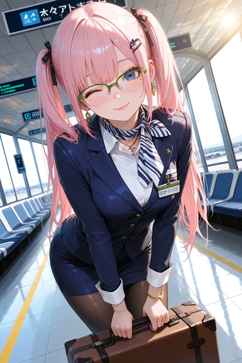 【スチュワーデス衣装&amp;背景プロンプト】

🛬🌸旅色スマイル、今日も満開🌸🛫

みなさん、おはようございます♡
3月5日は「スチュワーデスの日」です。

ピンクツインテちゃん
「胸キュン出発、参りま〜す💗」

"今日の空は君色に染まる"プロンプトはALTを参照♪

SFW illustration
#AIart