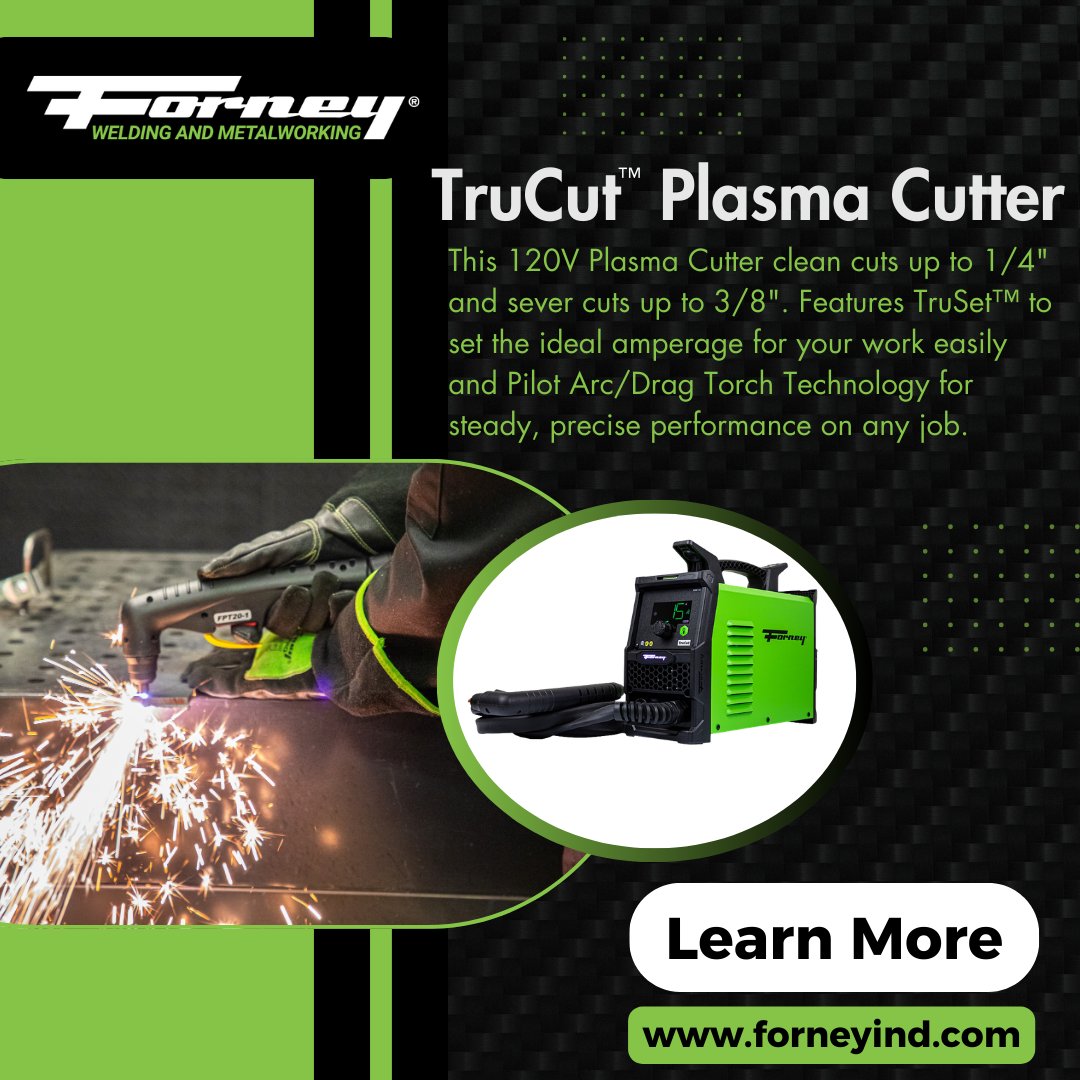 The Forney TruCut™ is the plasma cutter you've been looking for! It makes every cut feel smooth and controlled, no matter where you are.

With TruSet™ dialing in the perfect amperage and Pilot Arc + Drag Torch Tech keeping the arc steady.

#ForneyInd #PlasmaCutting #Metalwork