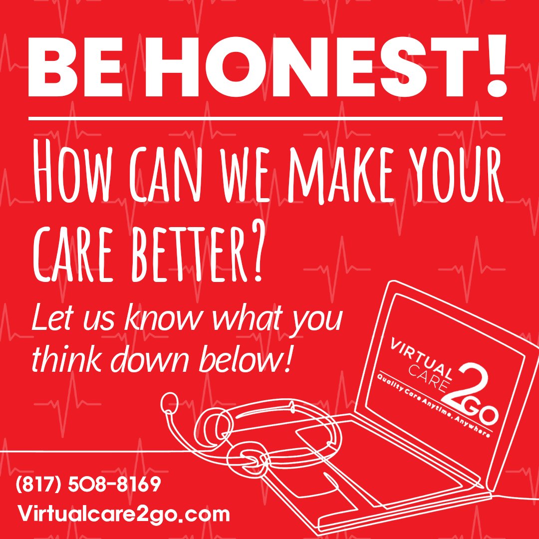VirtualCare2go's tweet photo. Be honest👀 How can we make your virtual care experience better?

#VirtualCare2Go delivers #telehealth visits, online #urgentcare, &amp; #virtualdoctor appointments anytime, anywhere. Convenient #healthcare from home — no waiting rooms required.

Tell us below⬇️ https://t.co/mS6IcJz3oE