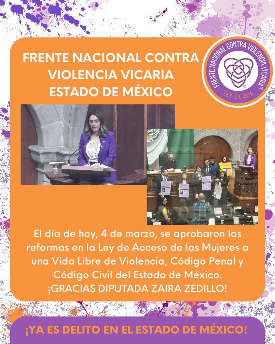 FNCVVICARIA's tweet photo. La violencia vicaria ¡YA ES DELITO EN EL ESTADO DE MÉXICO!

Gracias diputada @ZairaCS2 💜🧡💜

#nomásviolenciavicaria
#conlasinfanciasno
#leyvicaria
#FNCVV https://t.co/HqXOuh2SuJ