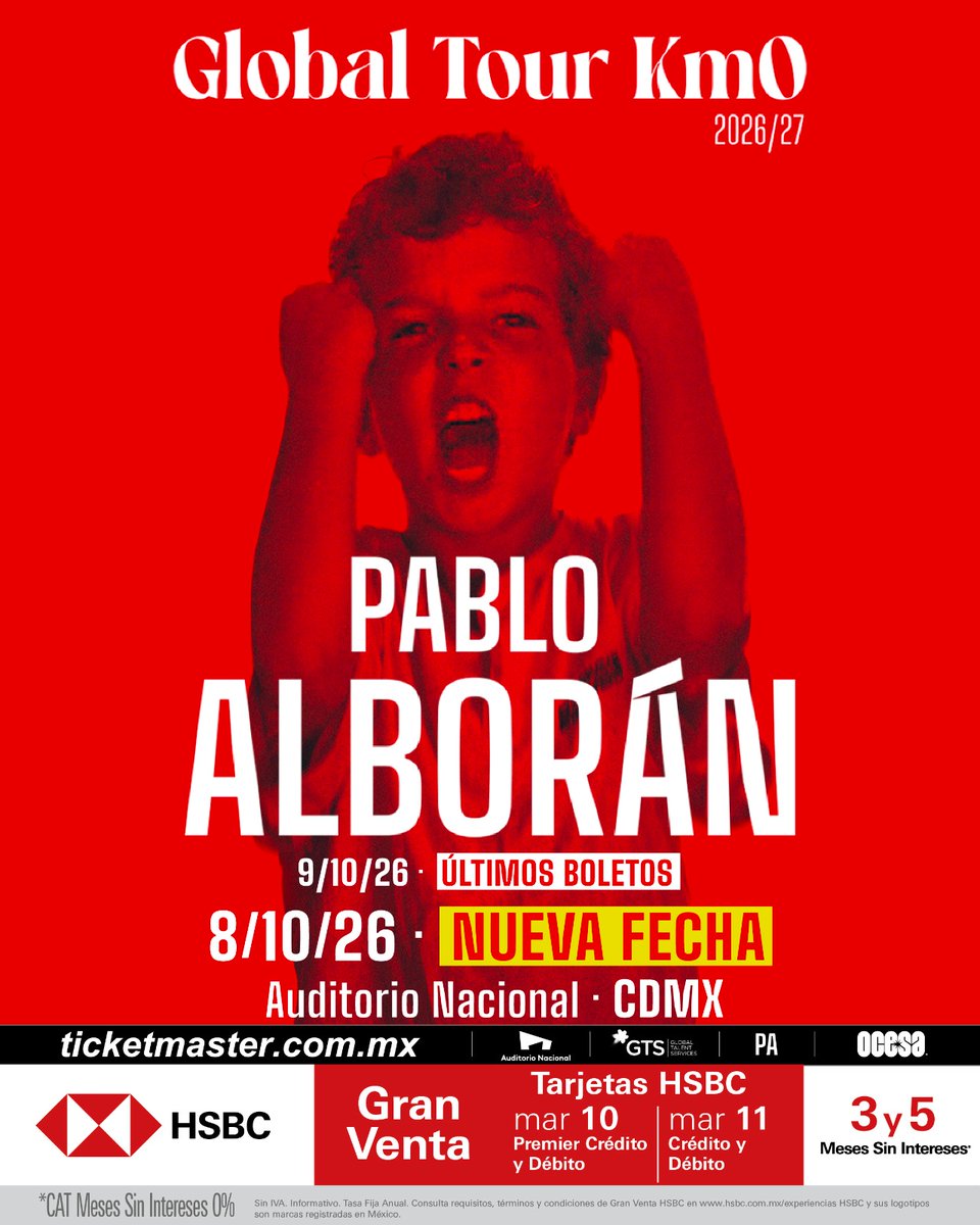 AlboranTeam's tweet photo. #Info ¡NUEVA FECHA! Segundo concierto #GlobalTourKM0 @pabloalboran en el @AuditorioMx de Ciudad de México el 8 de octubre.

🎟 Venta general 12/03 a las 11h 🇲🇽 @TicketmasterMX.

▶️ Preventa HSBC: Premier 10/03 a las 11h y general 11/03 a las 9h.

+info 👉🏻https://t.co/oPPRCzQIdM. https://t.co/1VYO1Z8LBy