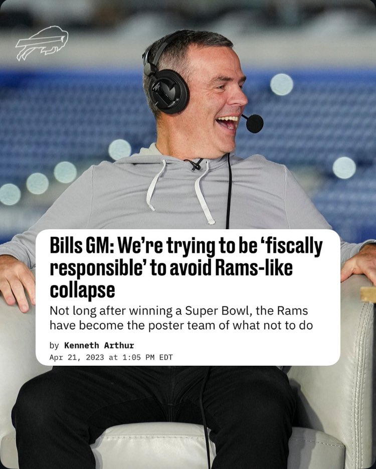 The “Rams Like collapse” Brandon Beane wanted to avoid:

- Wild Card Exit
- Divisonal Exit
- NFC Championship game exit (went further than the Bills)
- Behind the Sehawks for Super Bowl favorites next season 

- Continuing to be aggressive and trade their first round picks for