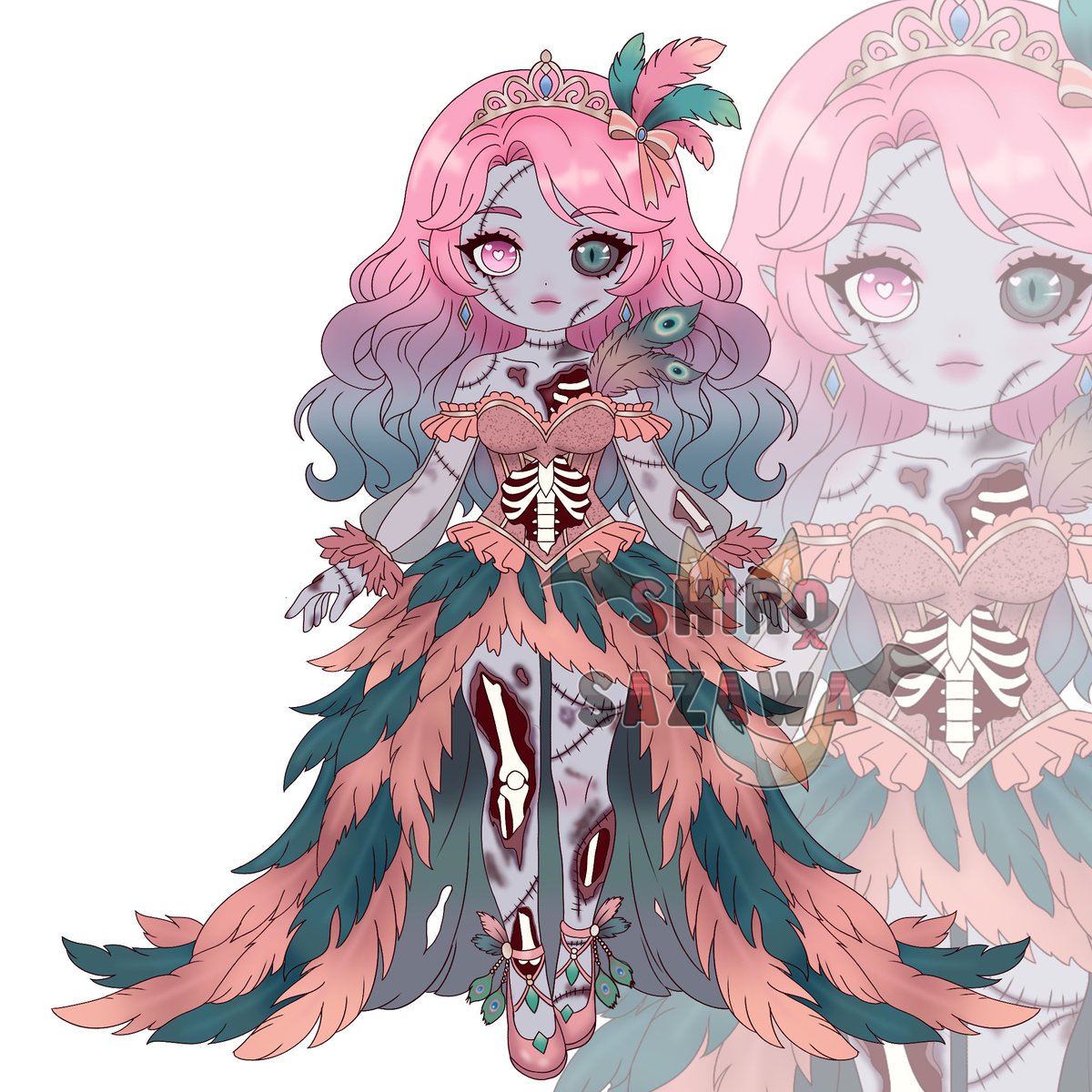 New adopt!  🩷🧟‍♀️🦚

75usd 

Will come with unwatermarked/png/blank background 

Will come with full character and commercial rights for vtuber I just ask for design credit 

Skintone change is always free