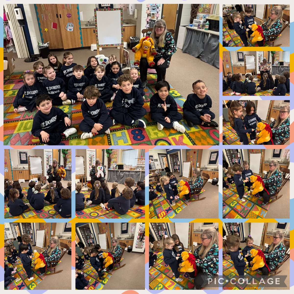 StDomSchool's tweet photo. PreK students had a special visit from dental hygienist, Ms. Vickie, who came to teach them all about dental health! She showed them how to take care of their teeth, the right way to brush, and why keeping smiles clean is so important. https://t.co/WVLmc8jf39