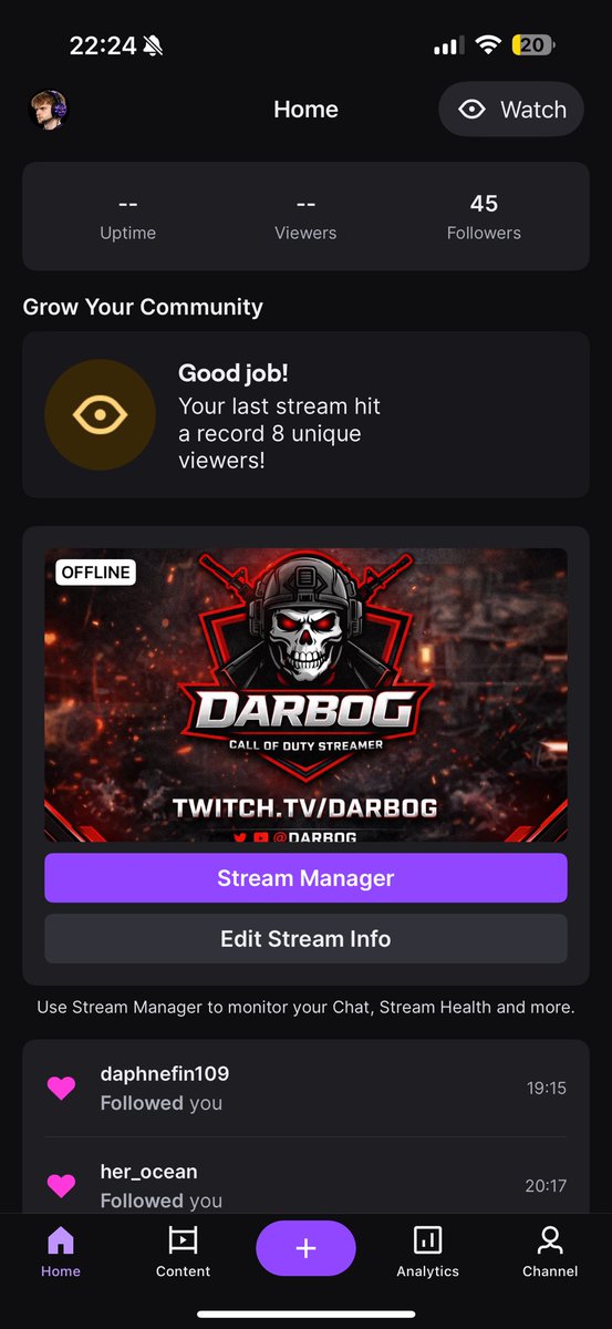 Not able to stream tonight unfortunately! But we are only 5 followers away from affiliate!!! Any and all support would be amazing!!! 

twitch.tv/thedarbog