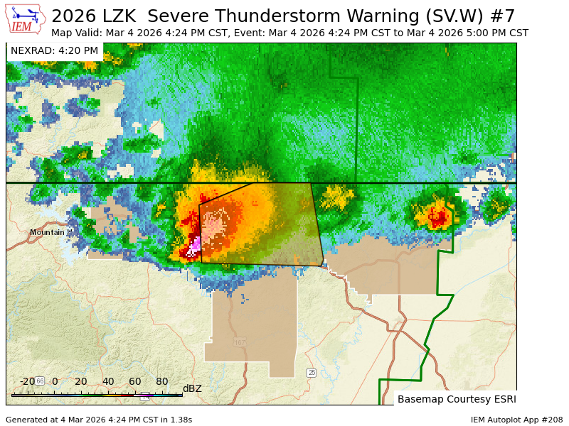 LZK issues Severe Thunderstorm Warning [wind: 60 MPH (RADAR INDICATED), hail: 1.00 IN (RADAR INDICATED)] for Fulton, Randolph, Sharp [AR] till 5:00 PM CST mesonet.agron.iastate.edu/vtec/f/2026-O-…