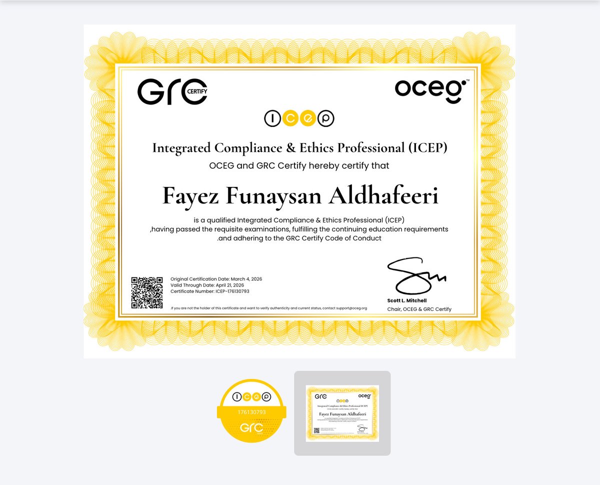 f1aaiz's tweet photo. الحمد لله، تم اجتياز متطلبات شهادة:
Integrated Compliance & Ethics Professional (ICEP) ✅
خطوة هامة لتعميق الخبرة في مجالات الامتثال المتكامل، إدارة المخاطر، والنزاهة المؤسسية. نسأل الله النفع والتوفيق في القادم. 🚀
#الامتثال #ICEP https://t.co/0j827TFJas