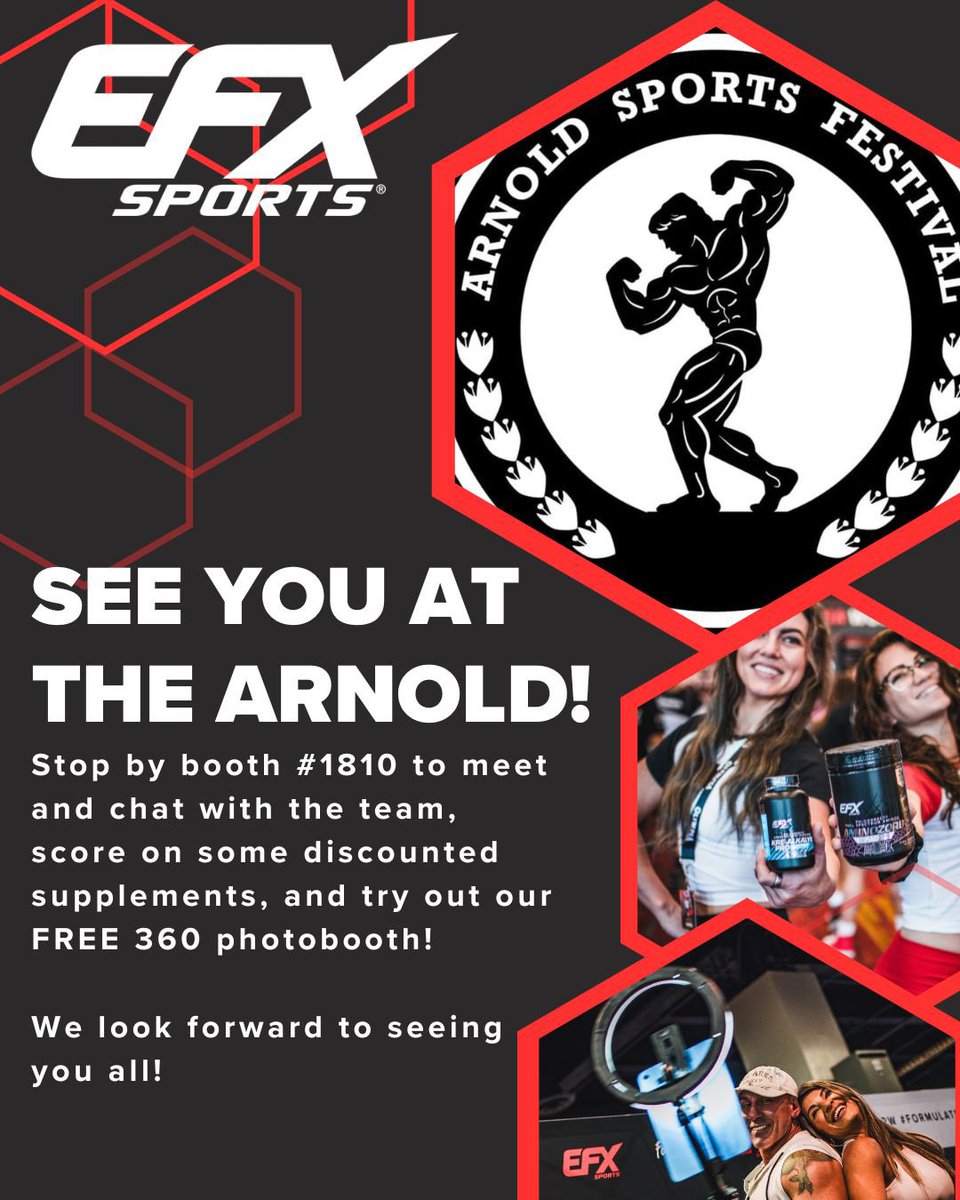 EFXSports's tweet image. 🙌 GETTING HYPED! The countdown to the @arnoldsports event is ticking, and we can’t wait!

Come see us at booth #1810! 🫶

-
-
#thearnoldclassic #arnoldsportsfestival #columbusohio #efxsports