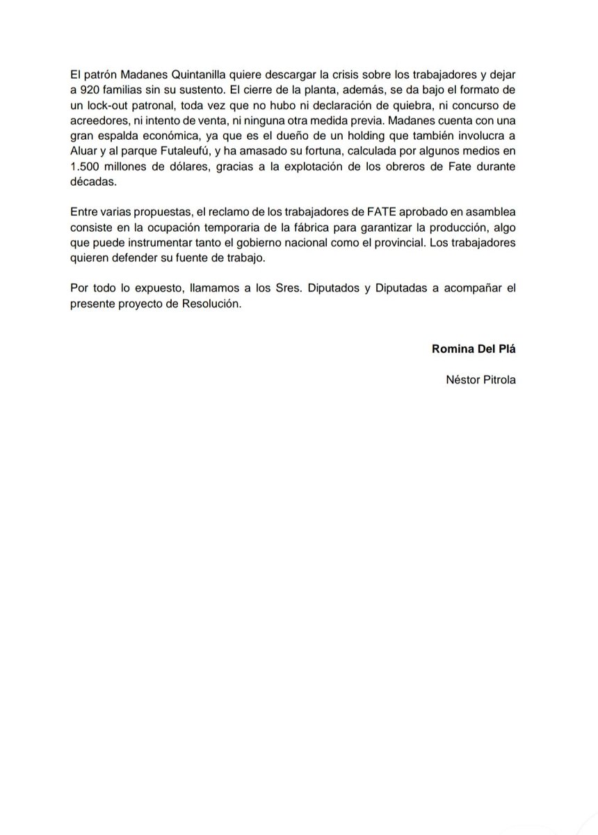 Junto a <a href="/nestorpitrola/">Néstor Pitrola</a> en el <a href="/FdeIzquierda/">Frente de Izquierda</a> presentamos en el Congreso de la Nación una declaración en repudio a la represión sufrida por los trabajadores de Fate, sus familias y todos los que se acercaron en solidaridad a la Secretaría de Trabajo.  

La lucha por la reapertura de