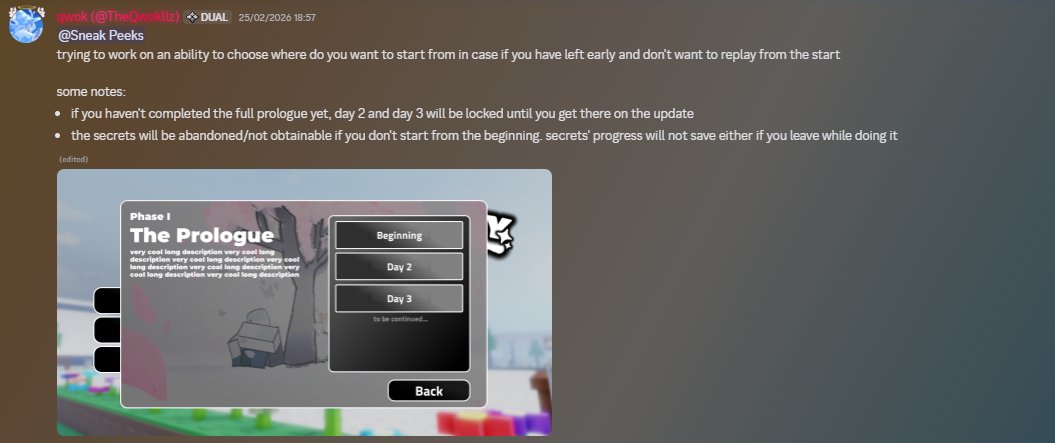 DualityNews's tweet photo. ☆ NEWS  ☆

qwok is working on a start-from checkpoint option so you can choose where to begin (Beginning / Day 2 / Day 3) if you left early and don’t want to replay everything.

#DualityRoblox #Duality #ROBLOX https://t.co/vvn5ZxgnWo