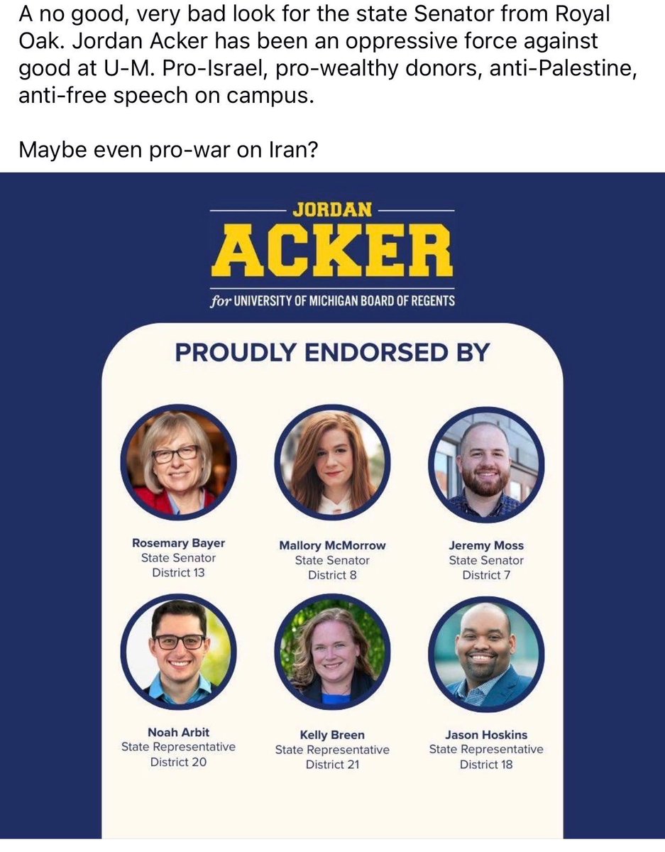 TrackAIPAC's tweet photo. NEW: @MalloryMcMorrow has endorsed Jordan Acker, a vocally pro-Israel candidate, for re-election to the University of Michigan Board of Regents 

This endorsement comes after years of Regent Acker persecuting anti-genocide student protestors in that very same role. #MISEN https://t.co/Frmq1HjPEC