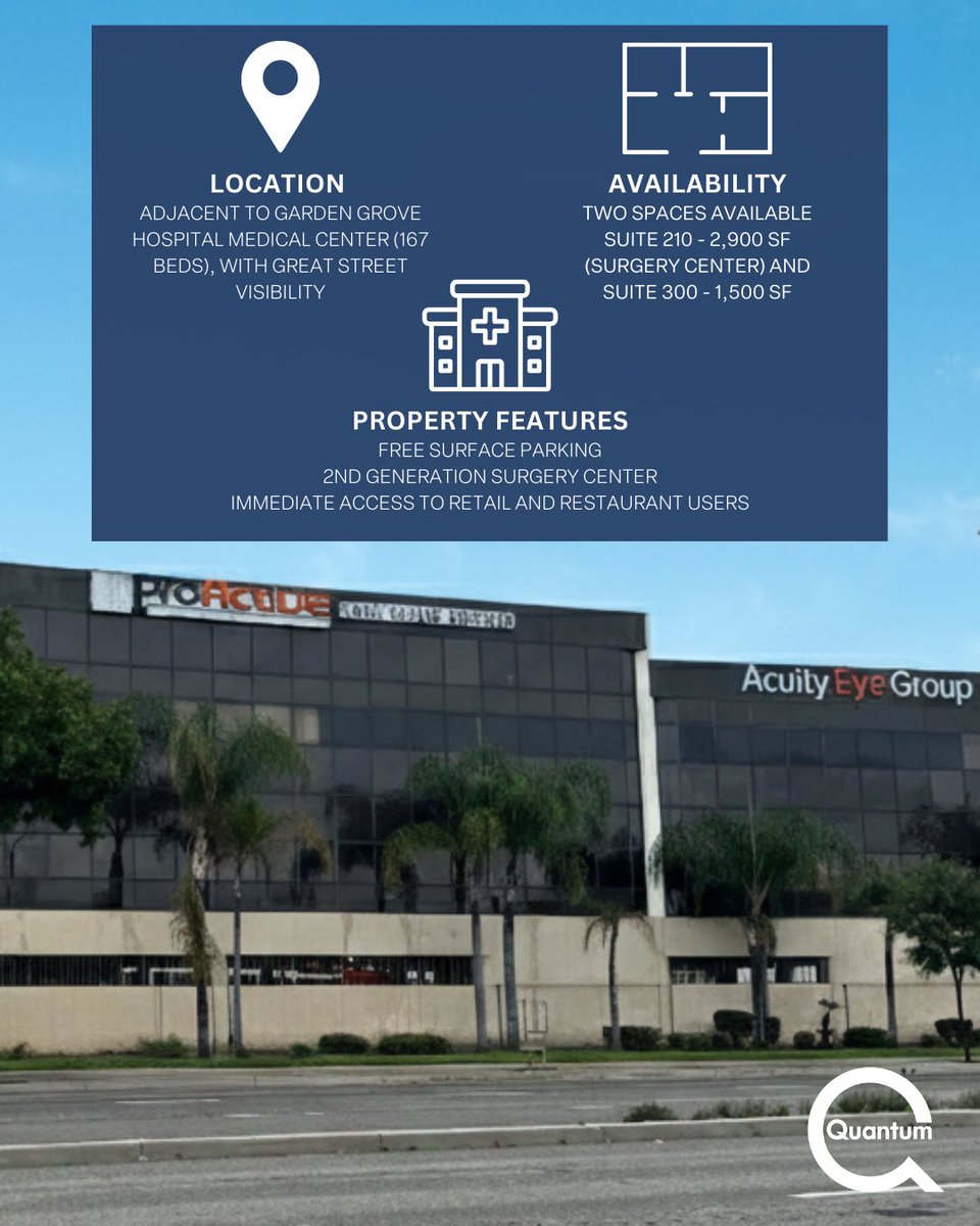 QuantumChicago's tweet photo. FOR LEASE - Two spaces available immediately, including a 2,900 SF surgery center and a 1,500 SF medical office. 

• Located adjacent to the Garden Grove Hospital &amp; Medical Center 
• 2nd generation surgery center 

Contact us for more details! 

#QREAdvisors #CRE #QREA #Medical https://t.co/rZiTwPhTnR