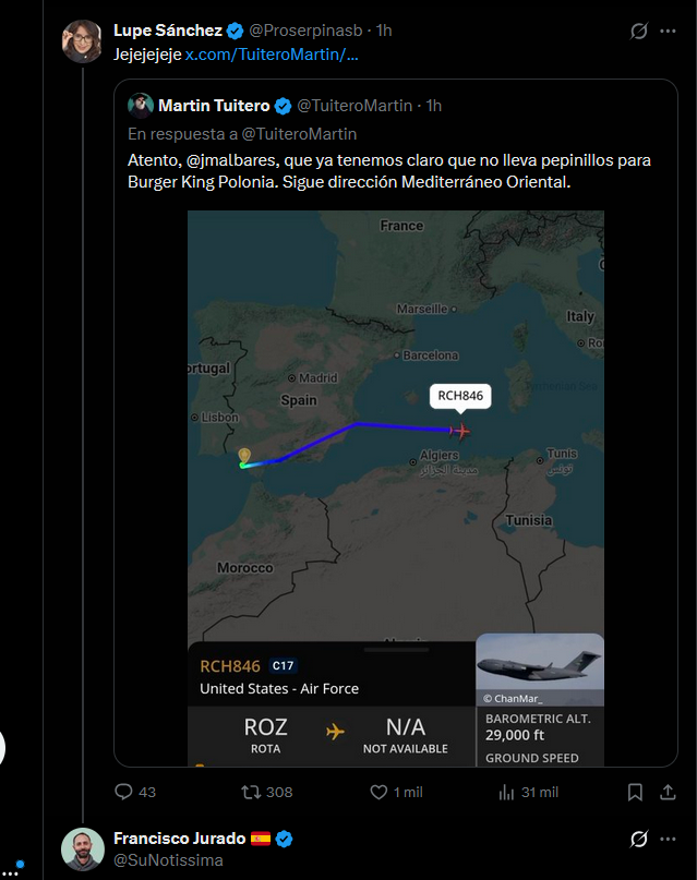 IdafeMartin's tweet photo. La abogada bulera se ha comido el bulo. El avión iba a la base italiana de Sigonella. Era tan fácil como seguir el flightradar. Nuestros fachas son los más cortitos. https://t.co/7xIXwkPNjQ