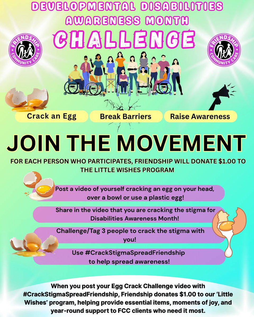 fccare's tweet photo. JOIN THE MOVEMENT! 
March is Developmental Disabilities Awareness Month! We are cracking eggs to CRACK THE STIGMA and we want YOU to be part of it!
#FCC #friendship  #developmentaldisabilities #developmentaldisability #CrackStigmaSpreadFriendship #eggs  #DisabilityAwarenessMonth https://t.co/kI990F2jXQ