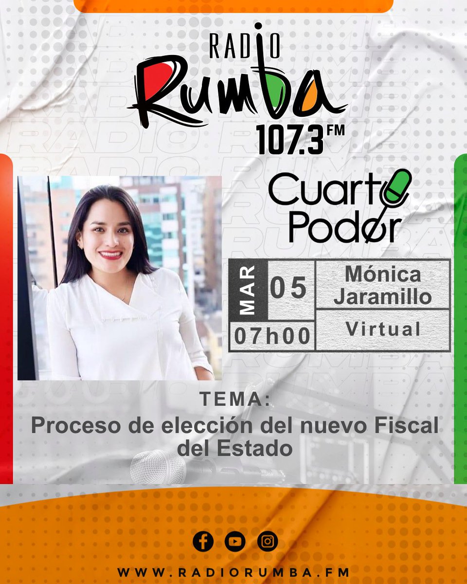 RadioRumbaEc's tweet photo. 🔴Mañana en #CUARTOPODER: Mónica Jaramillo (@MoniJaramilloEc), presidenta del Observatorio de Control Ciudadano (@OCC_EC), con el tema: "Proceso de elección del nuevo Fiscal del Estado"

🕕07h00 | 107.3 FM #RadioRumba

#ObservatorioControlCiudadano #FiscalEstado #ProcesoEleccion https://t.co/eTiyeuoFSd