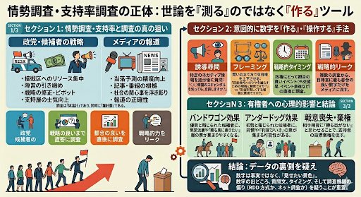 世論調査、支持率調査を
頻繁にする理由　

日本人の気質からいって
セクション3のバンドワゴンの
勝ち馬に乗りたがることや
戦意喪失を狙ったものだと言える

ちなみに海外では選挙前の
こうした情勢調査を禁止している
ところも多い

あと　これだけ不正選挙が行われる中
