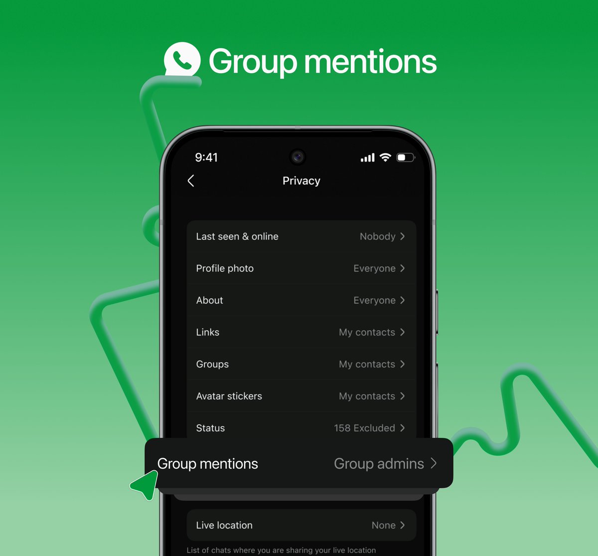 adesinabanky's tweet photo. WhatsApp, but you can control who mentions you using @all feature

I opened WhatsApp yesterday and realized I got tagged to a convo that doesn’t concern me… Again.

So I added a small extension to Privacy settings that fixes this friction. https://t.co/dT3Wi7Z6ks