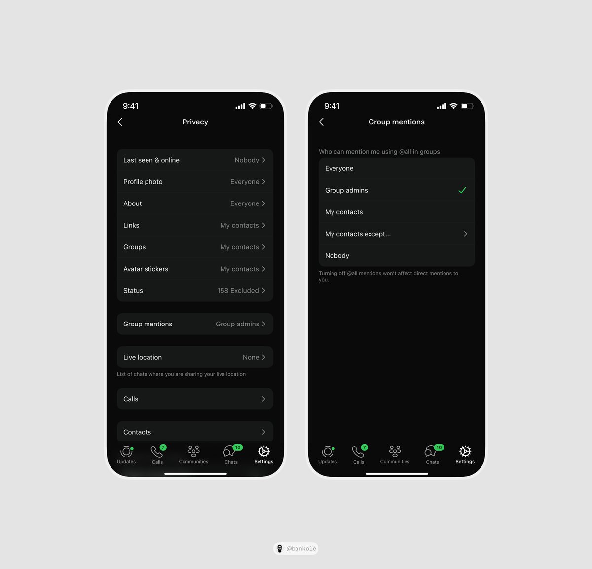 adesinabanky's tweet photo. WhatsApp, but you can control who mentions you using @all feature

I opened WhatsApp yesterday and realized I got tagged to a convo that doesn’t concern me… Again.

So I added a small extension to Privacy settings that fixes this friction. https://t.co/dT3Wi7Z6ks