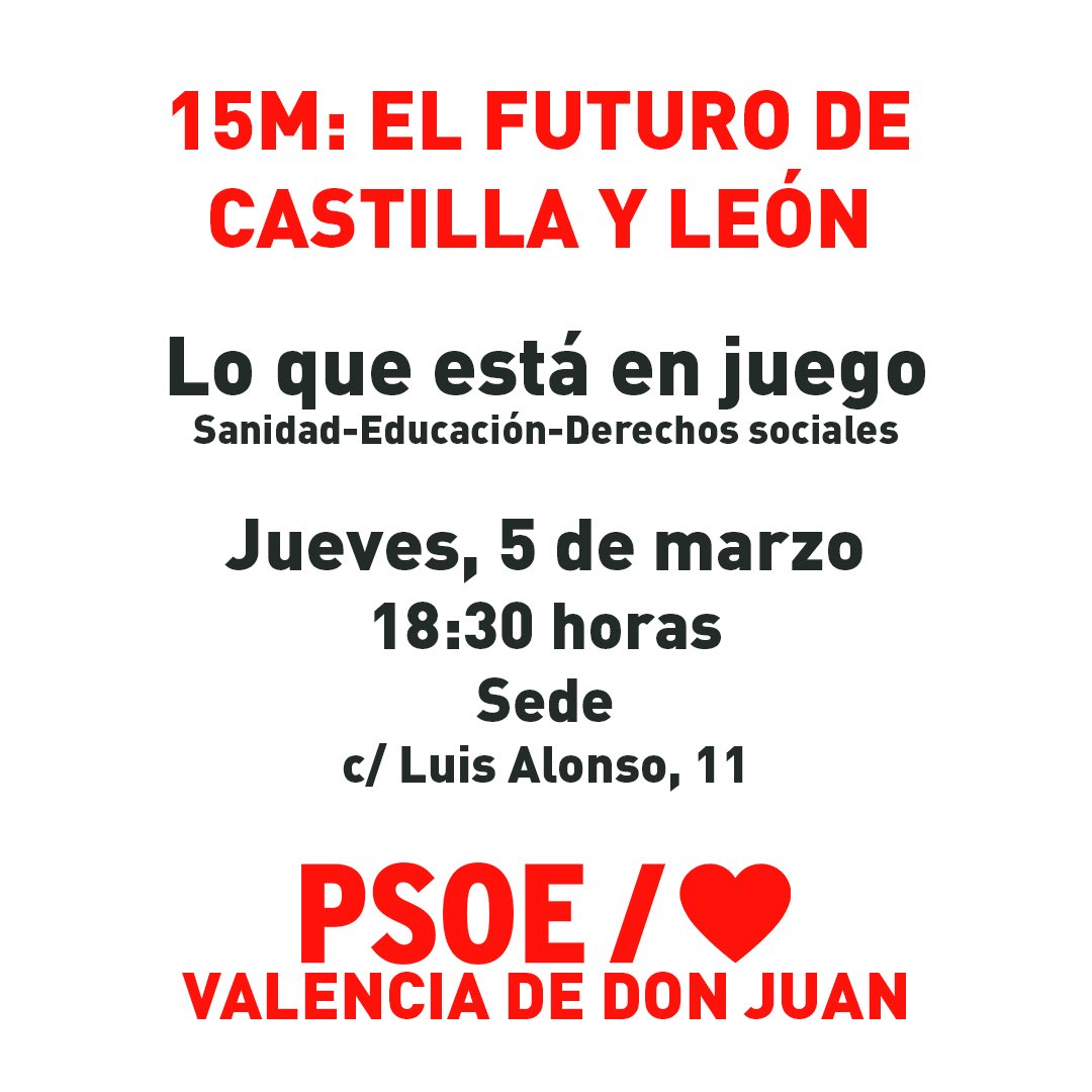📍 Este jueves 5 de marzo abrimos las puertas de nuestra sede a toda la ciudadanía para debatir sobre el futuro de Castilla y León.

Hablaremos de lo que afecta a tu día a día:
✅ Sanidad.
✅ Educación.
✅ Derechos Sociales.

⏰ 18:30 horas.
🏠 C/ Luis Alonso, 11.