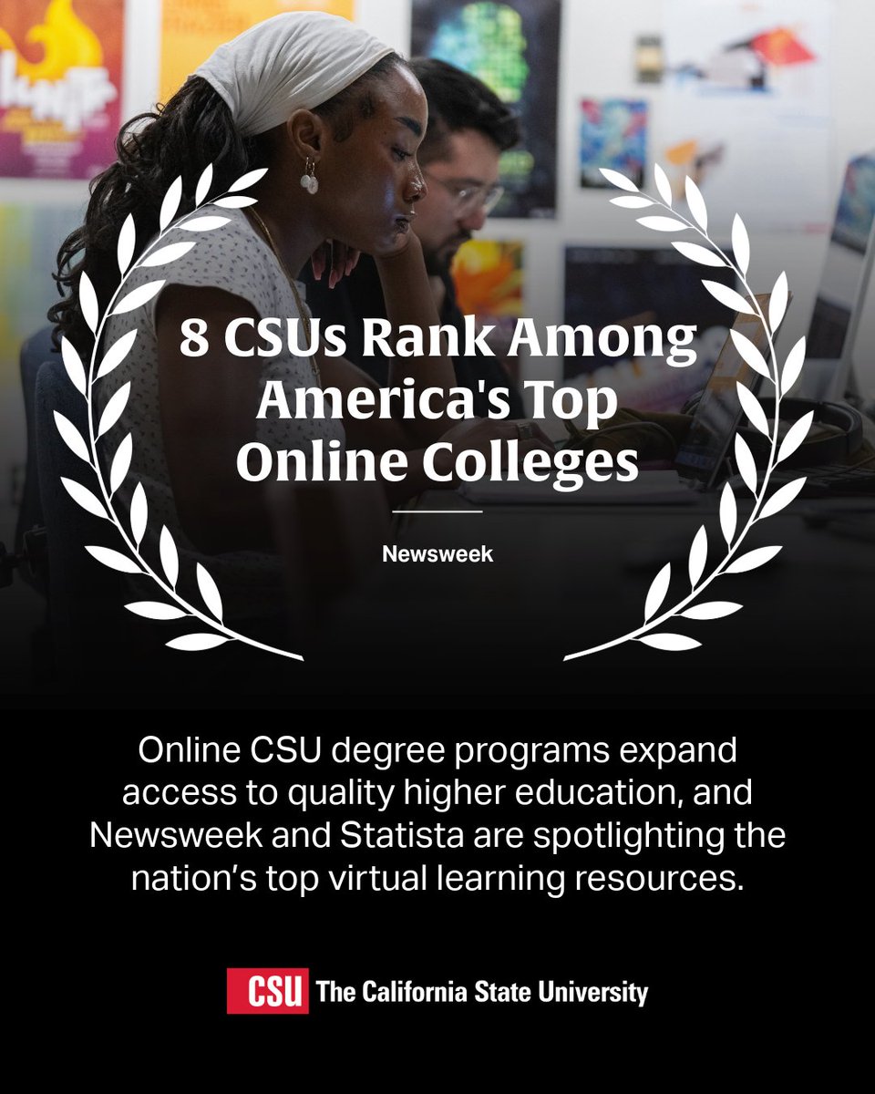 calstate's tweet image. #CalState universities were named among @Newsweek's America’s Top Online Colleges for 2026! 🎉 

See how CSU online degree programs are opening more doors to a college degree across California: calstate.edu/csu-system/new…
