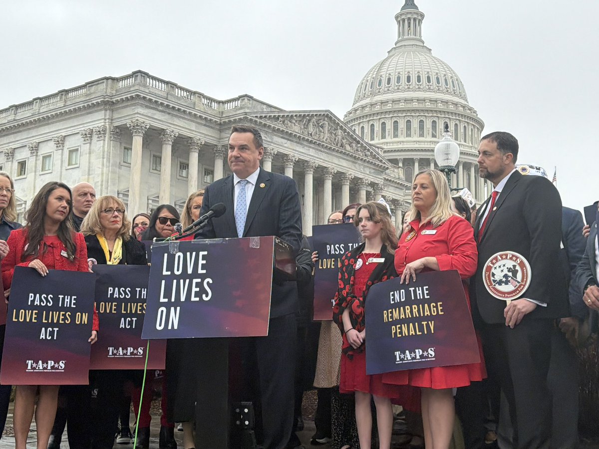 RepRichHudson's tweet photo. Surviving military spouses should never have to choose between love and keeping the benefits their families earned through sacrifice.

Proud to join @TAPSorg and bipartisan colleagues today to push the Love Lives On Act forward and support thousands of surviving spouses across the country.