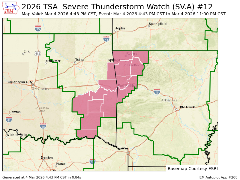 TSA issues Severe Thunderstorm Watch for Benton, Carroll, Crawford, Franklin, Madison, Sebastian, Washington [AR] and Adair, Choctaw, Haskell, Latimer, Le Flore, Pittsburg, Pushmataha, Sequoyah [OK] till Mar 4, 11:00 PM CST mesonet.agron.iastate.edu/vtec/f/2026-O-…