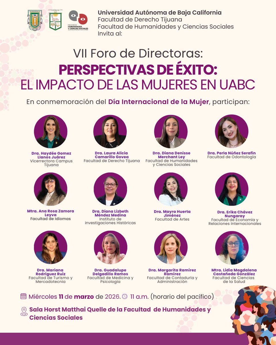 DerechoUabc's tweet photo. VII Foro de Directoras Perspectivas de éxito: el impacto de las mujeres en UABC
En el marco de la conmemoración del Día Internacional de la Mujer. Un espacio de diálogo en el que mujeres líderes de nuestra universidad compartirán sus experiencias, reflexiones y trayectorias. https://t.co/ZZSC6Pq99R