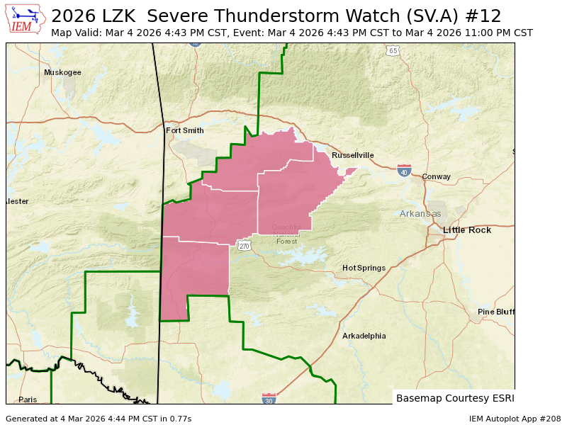 LZK issues Severe Thunderstorm Watch for Logan, Polk, Scott, Yell [AR] till Mar 4, 11:00 PM CST mesonet.agron.iastate.edu/vtec/f/2026-O-…