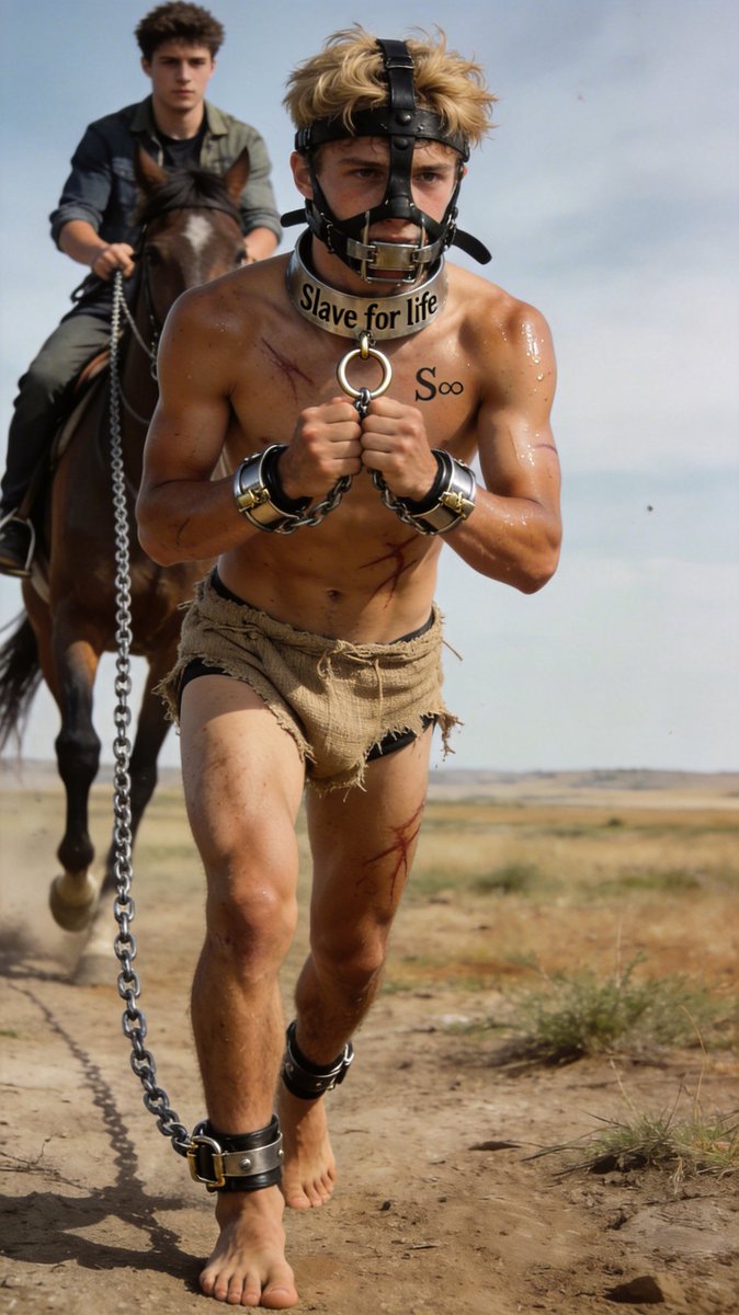 BrunoM_AI's tweet photo. Escort the new purchase home and show him right away how things work.
Since newly enslaved Convicts tend to lament and argue, he wears a special head harness with a contraption that does not impede breathing but keeps the tongue immobile, making human articulation impossible. https://t.co/ASR1UQKzzC