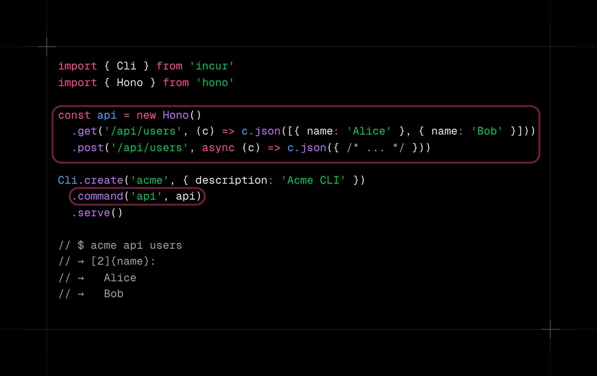 _jxom's tweet photo. Mount your API onto your CLI. Now supported in incur.

→ Compatible with any framework that supports the Web Fetch API (most of them – Hono, Elysia, Bun, Deno, and more).
→ OpenAPI support for extra context &amp; validation
→ Supports streaming out-of-the-box https://t.co/1kbZxwYJRA