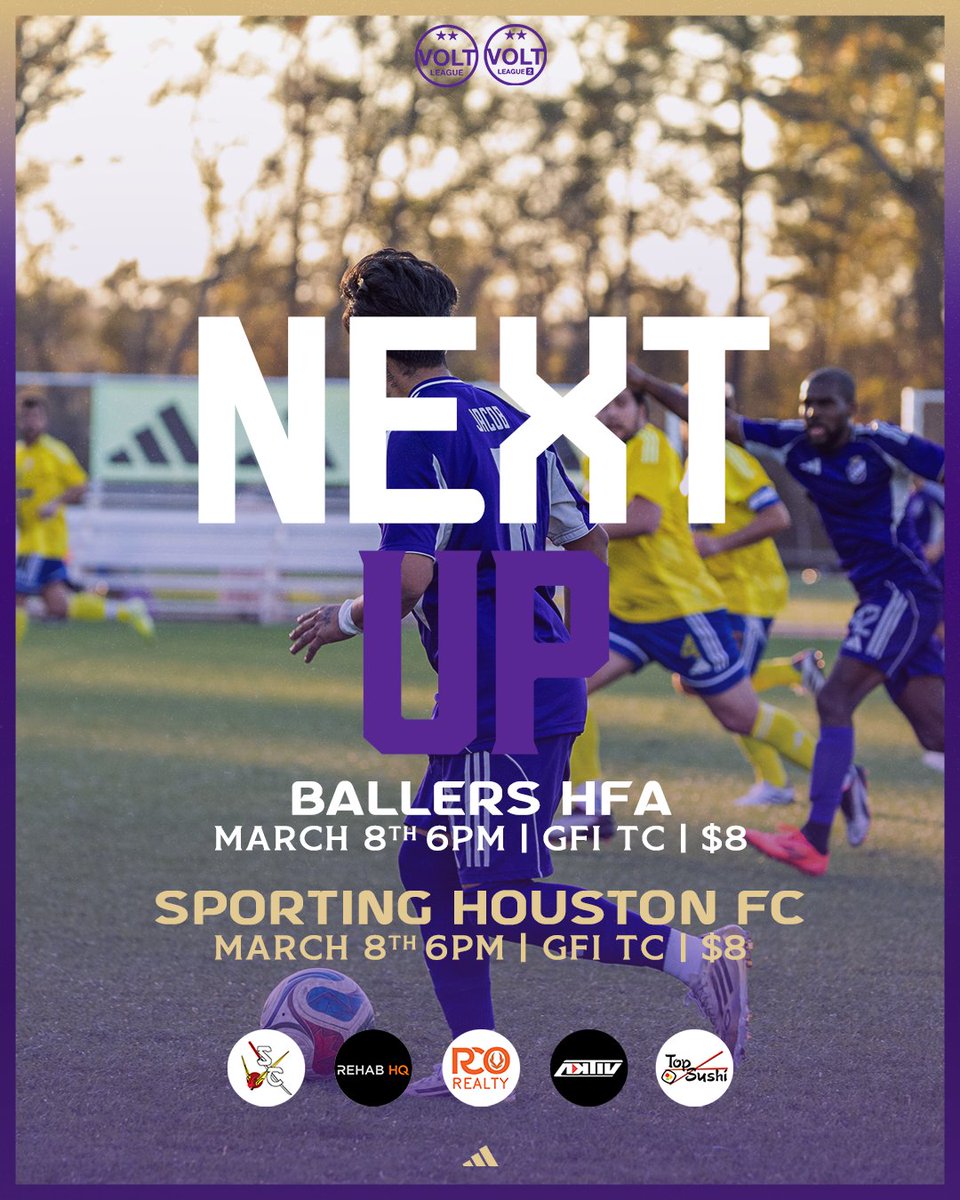 RealHoustonFut's tweet photo. Another beautiful day of FUTBOL is coming. This Sunday at 6pm both teams will be playing at GFI TC. RHFC takes on Ballers HFA in a HUGE @VoltLeague_US match up. While, RHFC II takes on Sporting Houston FC in the @VoltLeague_US 2 #VamosRealHouston #RealHoustonFC #RHFC #RHFCII 🟣⭐️ https://t.co/nOHRRw0PUS