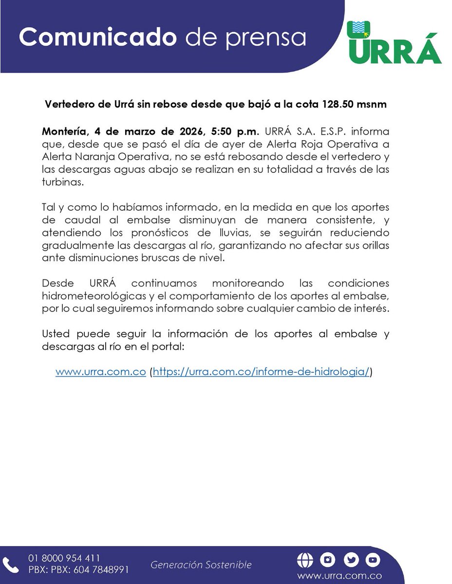 Urragenerador's tweet photo. Vertedero de Urrá sin rebose desde que bajó a la cota 128.50 msnm https://t.co/t9zRtnA260