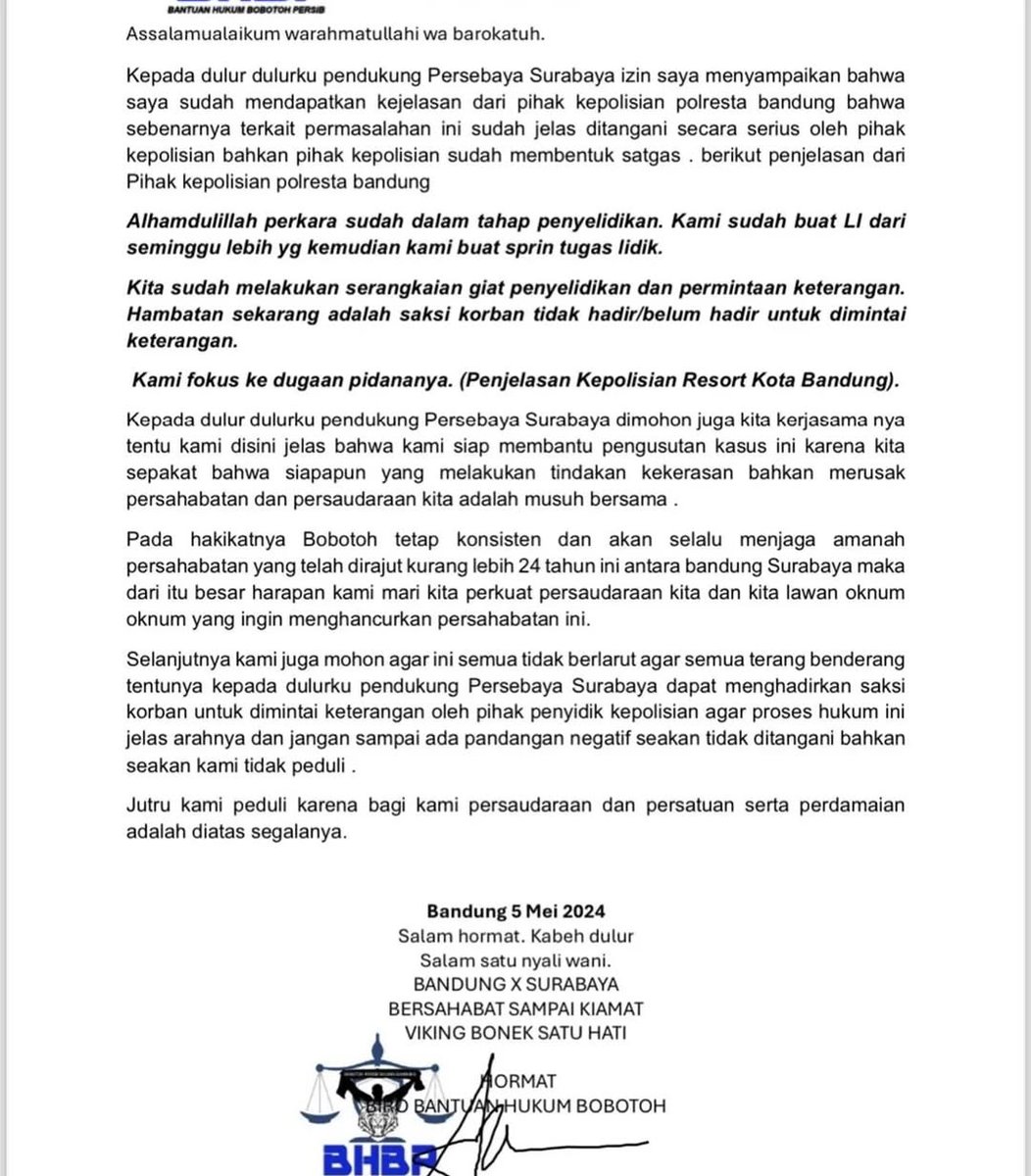 izin menanggapi 

Terkait kasus yang dialami suporter SBY yang bernama ARDI asal Mojokerto yang DIDUGA mengalami tindak kekerasan saat away

1. Dari awal kejadian sampe adanya laporan ke POLRESTA BANDUNG langkah pembentukan tim Satgas dan sprint penyelidikan langsung dilakukan