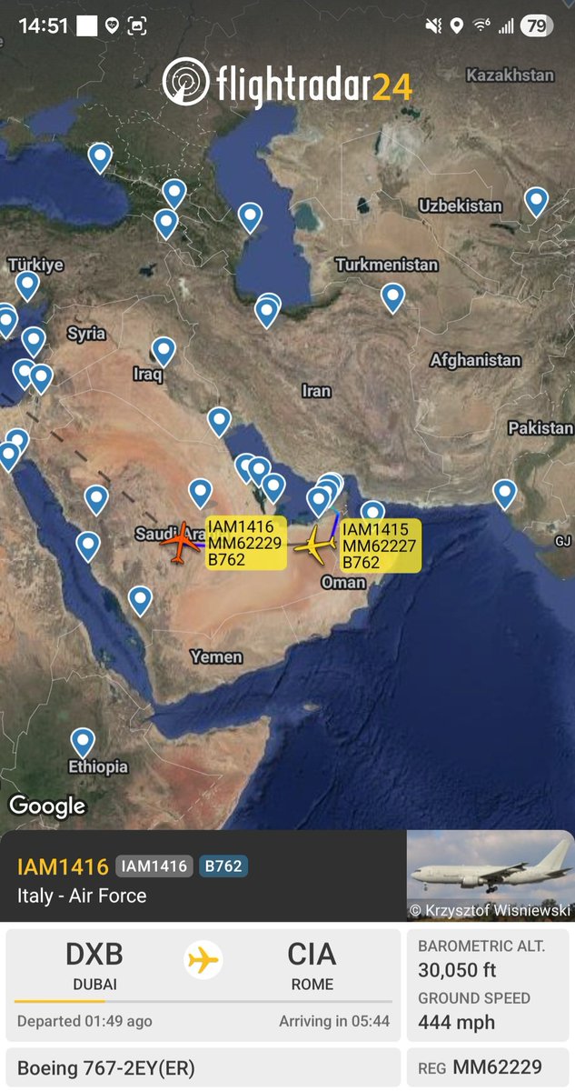 Borrowed7Time's tweet photo. Italian AF B767-2EY(ER) x2 on evacuation flights from Abu Dhabi  &amp; Dubai back to Rome:

MM62227 #33FE7D IAM1415 (AZI)
MM62229 #33FE92 IAM1416 (DXB)
@sipjack1776 @LadyAstroJet https://t.co/dR6iST9dHz