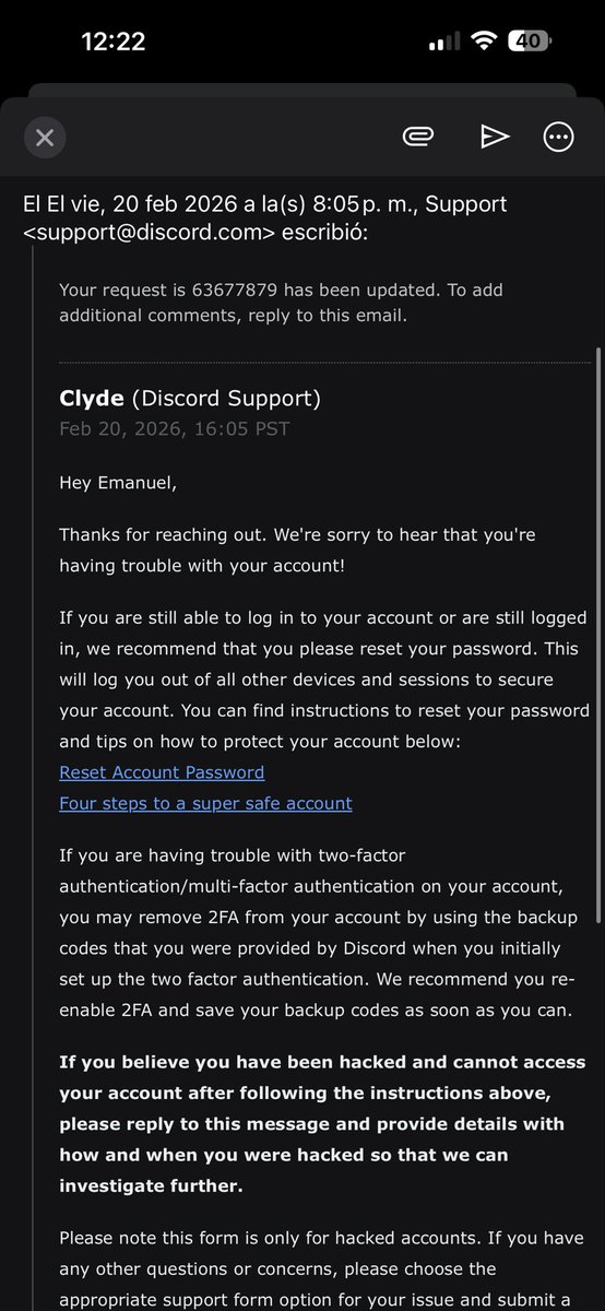 ManVouzOff's tweet photo. @discord_support @discord  hi, my discord account got hacked and i tried a lot to get it back, but Clyde keeps telling me that i should try to log into the account, and ive tried but i cant, the hacker enabled 2fa verification, and even when i try to enter with pho number, i cant https://t.co/twBvyyqjG2