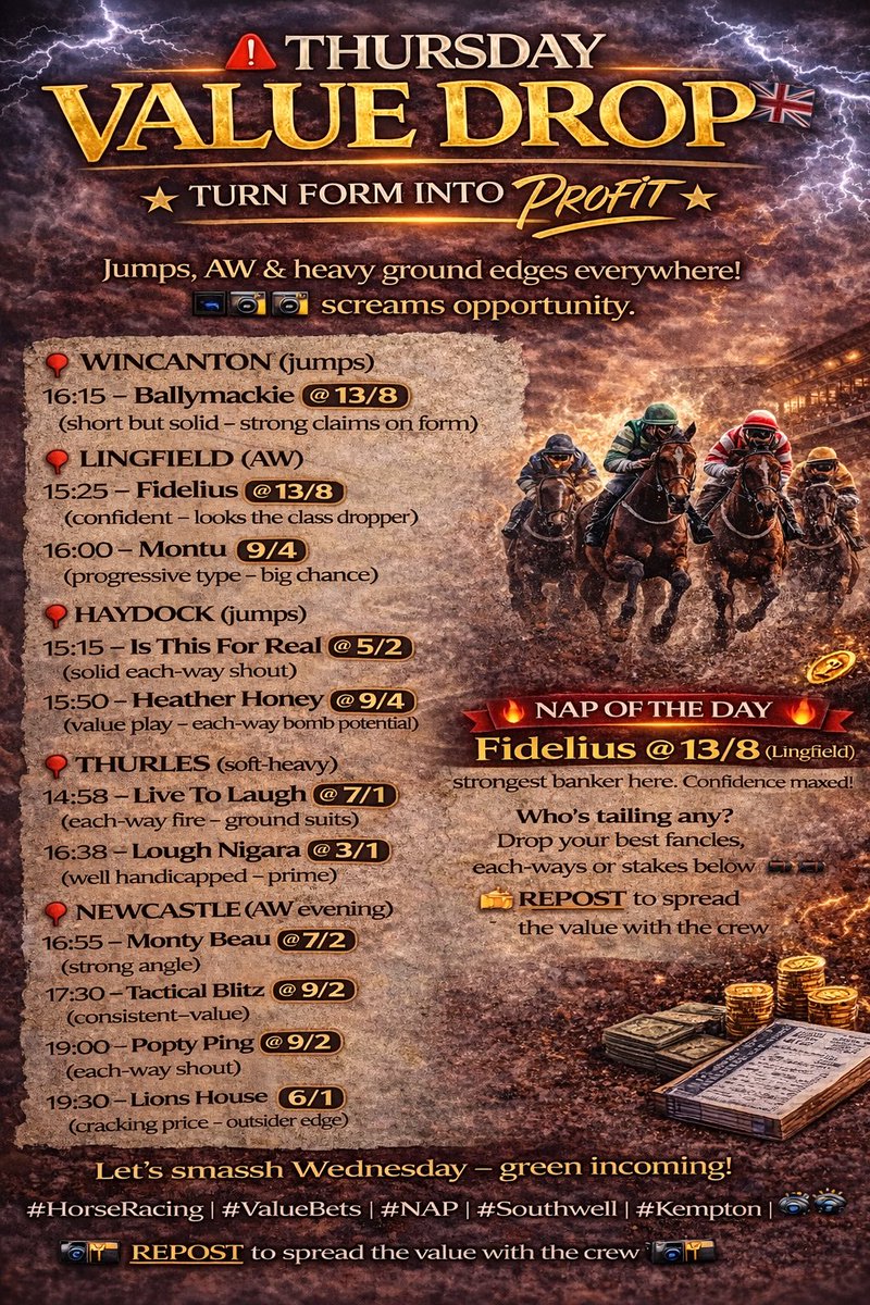 FreefoxT's tweet image. 🚨 THURSDAY VALUE DROP – Jumps, AW &amp;amp; heavy ground edges everywhere! 📷📷🔥screams opportunity.

WINCANTON (jumps)
16:15 – Ballymackie @ 13/8 (short but solid – strong claims on form)

LINGFIELD (AW)
15:25 – Fidelius @ 13/8 (confident – looks the class dropper)
16:00 – Montu @ 9/4