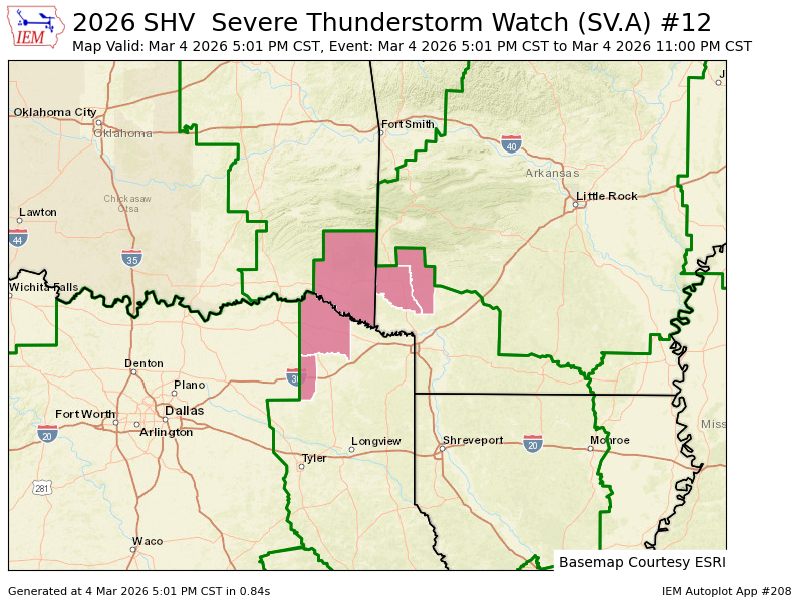SHV issues Severe Thunderstorm Watch for Howard, Sevier [AR] and McCurtain [OK] and Franklin, Red River [TX] till Mar 4, 11:00 PM CST mesonet.agron.iastate.edu/vtec/f/2026-O-…