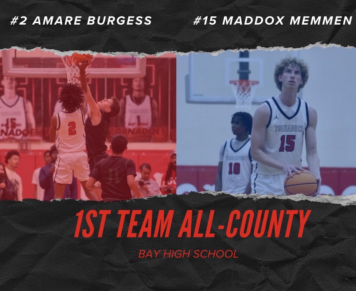 BayTornadoesPC's tweet photo. Congrats to our 🌪️🏀 all county selections. 1st team Maddox Memmen and Amare Burgess and 2nd team Jahmius Franklin https://t.co/aWiguD4gr2