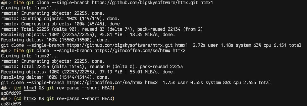 iefserge's tweet photo. Repositories can now be fetched over HTTPS.
It's a custom server implementation and doesn't call git process in the background, unlike most forges. 
In my tests it clones faster than the standard git daemon. Also just for fun, GitHub comparison. https://t.co/052jiD8vUL