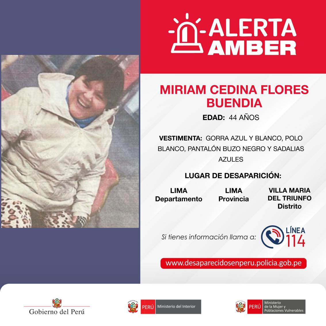 ▶️ El niño ANDRÉ BRAYAN DELGADO HUARINGA de 8 años.
▶️ El joven JEAN CARLOS FLORES ESPINOZA de 28 años.
▶️ El joven AMIR FABRIZIO JARA CASTILLO de 19 años.
▶️ La señora MIRIAM CEDINA FLORES BUENDIA de 44 años.

Si tienes información sobre sus paraderos, comunícate con la Línea