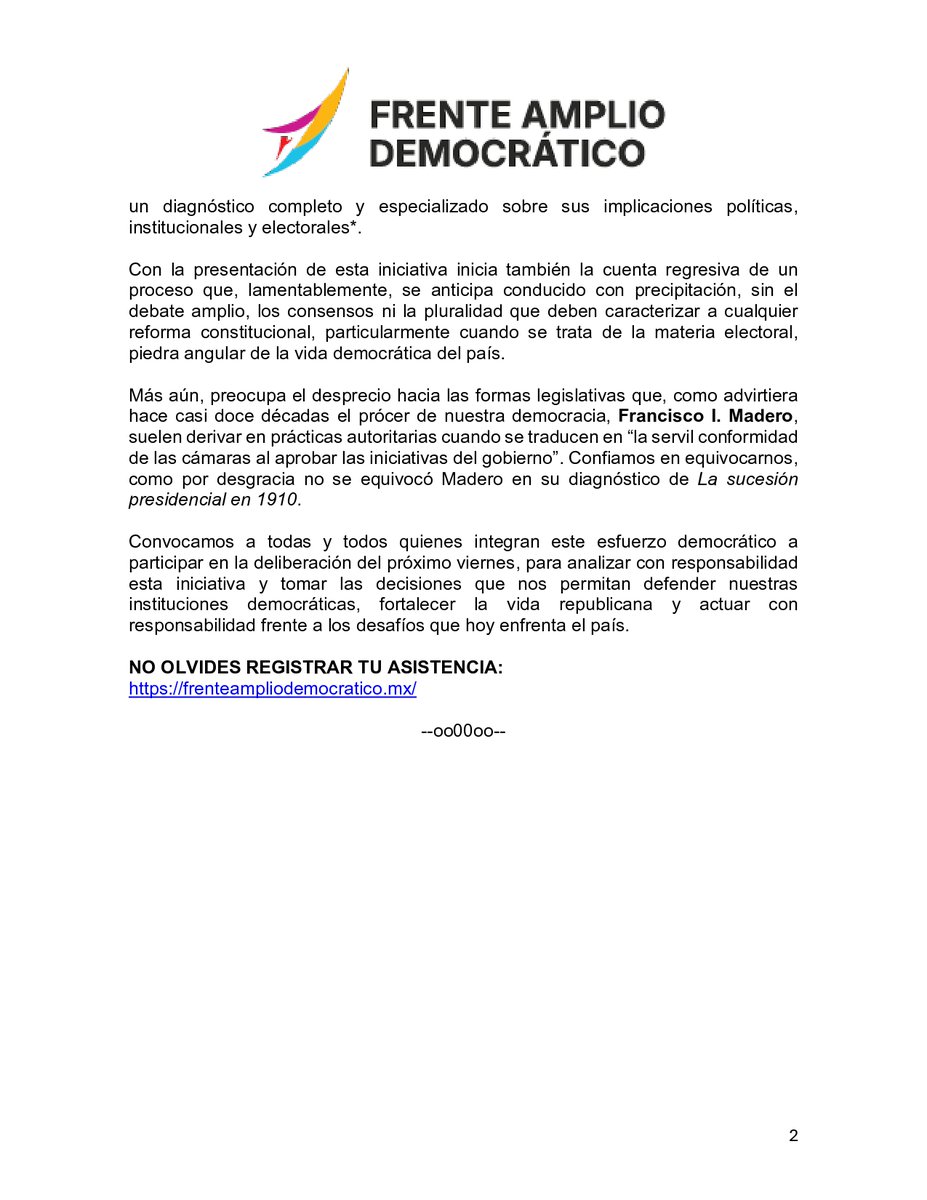 FrenteAmplioD's tweet photo. Ante la iniciativa de reforma político-electoral enviada al Congreso, compartimos nuestro comunicado e invitamos al evento “Sí a la Democracia y la Libertad, no a una Reforma Electoral Regresiva”; regístrate aquí: https://t.co/Ehl0N9SbHV https://t.co/Wp1DVN9OYu