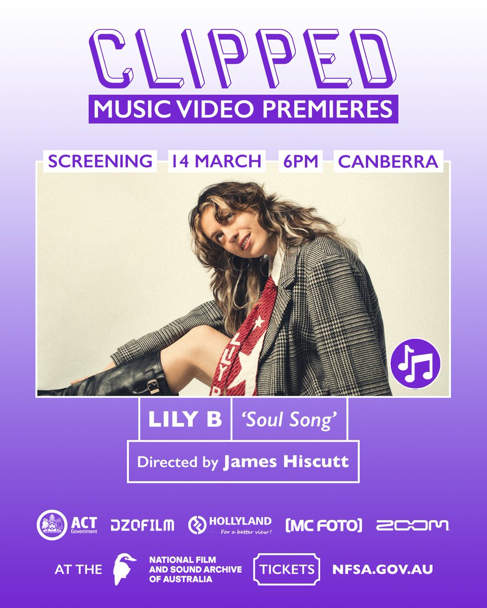 CLIPPEDTV's tweet photo. Music video ‘Soul Song’ by LILY B will premiere on the big screen at @CLIPPEDTV Music Video Premieres at @NFSAonline Sat 14 March 6pm 🎥
🎟️ https://t.co/6zvcTbRfNv
@Canberra @ScreenCanberra @MusicAct @ourANU @HerCanberra ❤️ https://t.co/yxEaajX93o