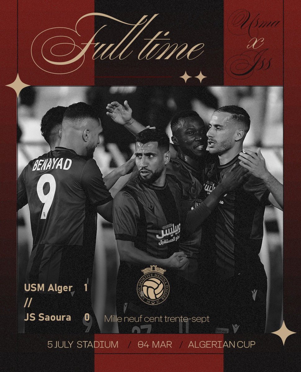 USMAXtra's tweet photo. ⏱️ FT | #USMAJSS 1️⃣-0️⃣

⚽ 35' Radouani

#AlgerianCup 1/4 de finale https://t.co/KgGW2RPERT