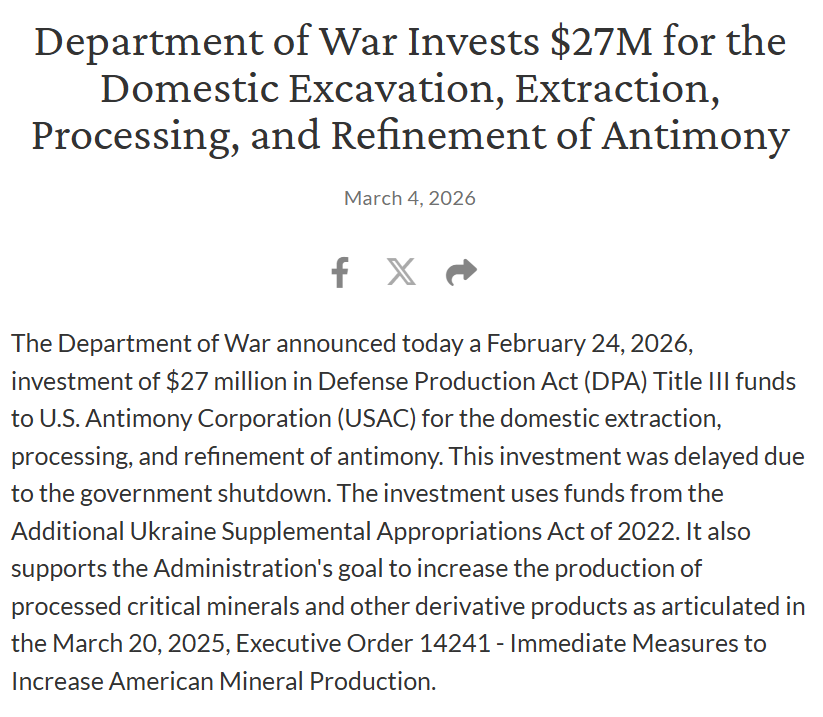 USAC_Bull's tweet photo. 🚨 BREAKING: $UAMY U.S. Antimony Corp awarded $27M DoW grant for the Domestic Excavation, Extraction, Processing, and Refinement of Antimony.

Delayed by government shutdown. $22M to Montana capacity. $5M to Alaska development.

1 down 2 to go. 🧲