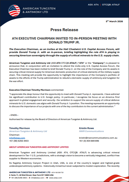 MsKrowe1376's tweet photo. Awesome to see @ATAA_AT4 gaining attention at the highest levels, with #AT4’s Executive Chairman Timothy Morrison invited to brief @DonaldJTrumpJr at the invite only U.S. Capital Access Forum on the importance of securing domestic supply of #antimony and #tungsten for the U.S. military supply chain.
More: https://t.co/fTylwjfiXn