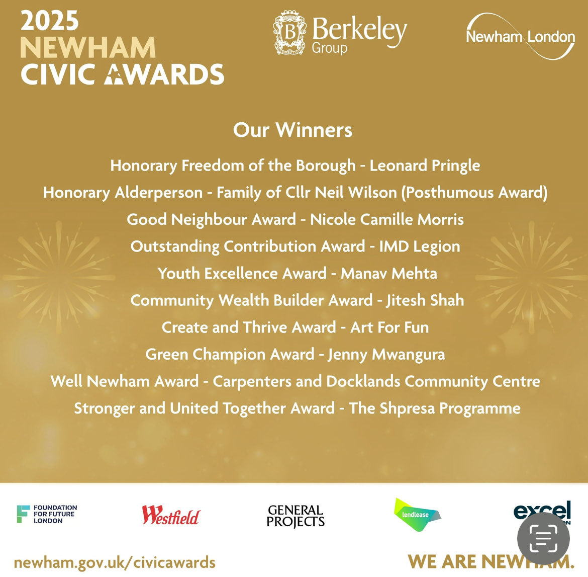 NewhamLondon's tweet photo. Huge congratulations to all the winners of the Newham Civic Awards – well deserved and brilliantly earned. Your work inspires us all. #NewhamCivicAwards https://t.co/LXzqQHRQRE