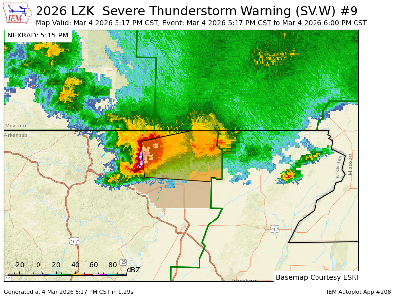 LZK issues Severe Thunderstorm Warning [wind: 60 MPH (RADAR INDICATED), hail: 1.00 IN (RADAR INDICATED)] for Randolph [AR] till 6:00 PM CST mesonet.agron.iastate.edu/vtec/f/2026-O-…